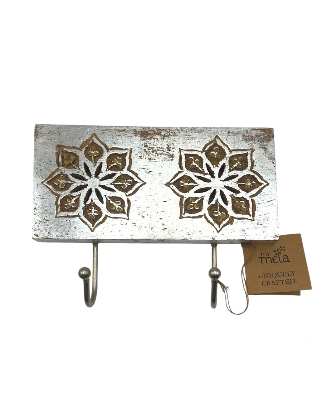 Handmade Silver Wood Wall Coat Rack 2 Hook Floral Carved Entryway NWT India Boho